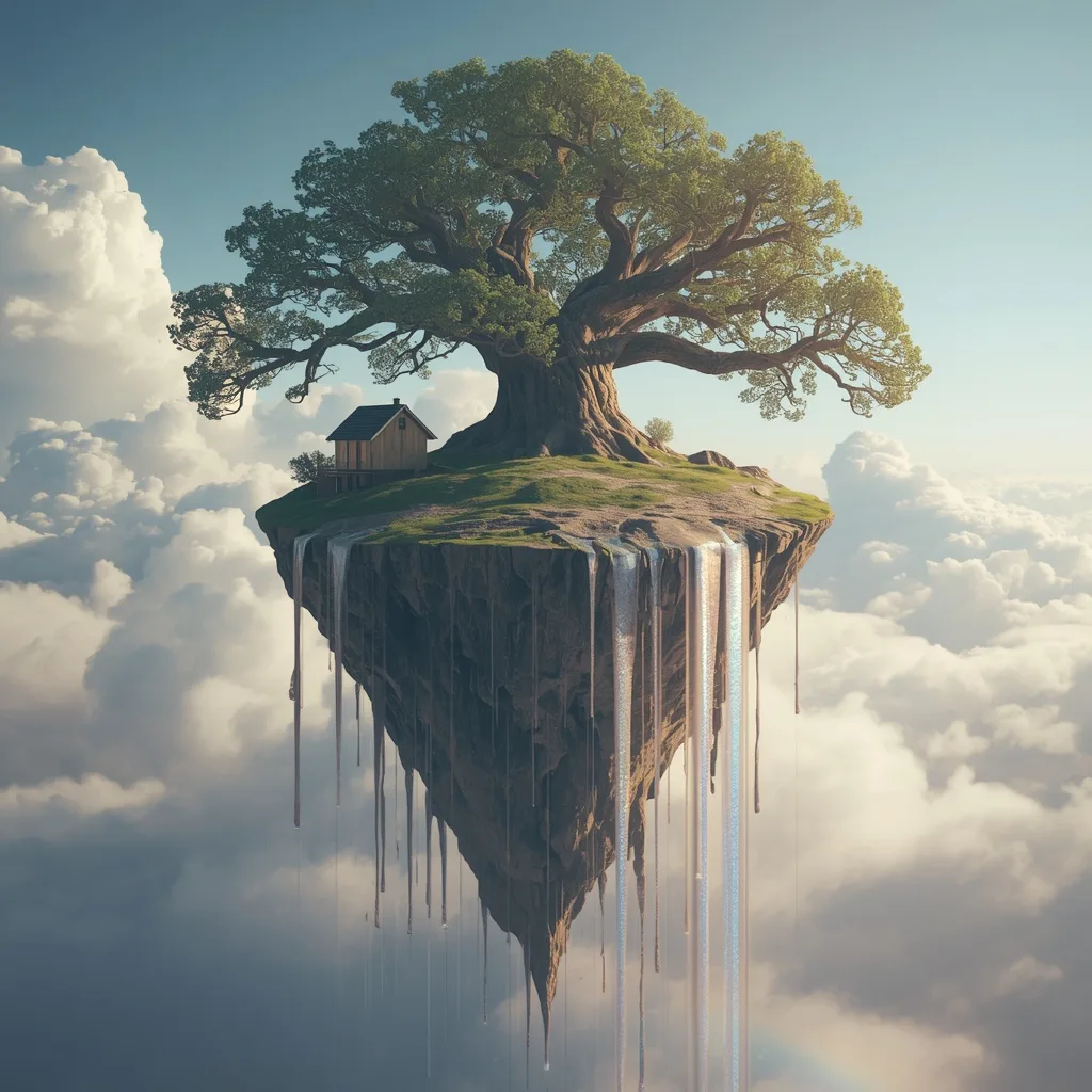 A Floating Island Where Trees Have Leaves of Pure, Cascading Iridescent Oil – AI Art Prompts – AI prompt example