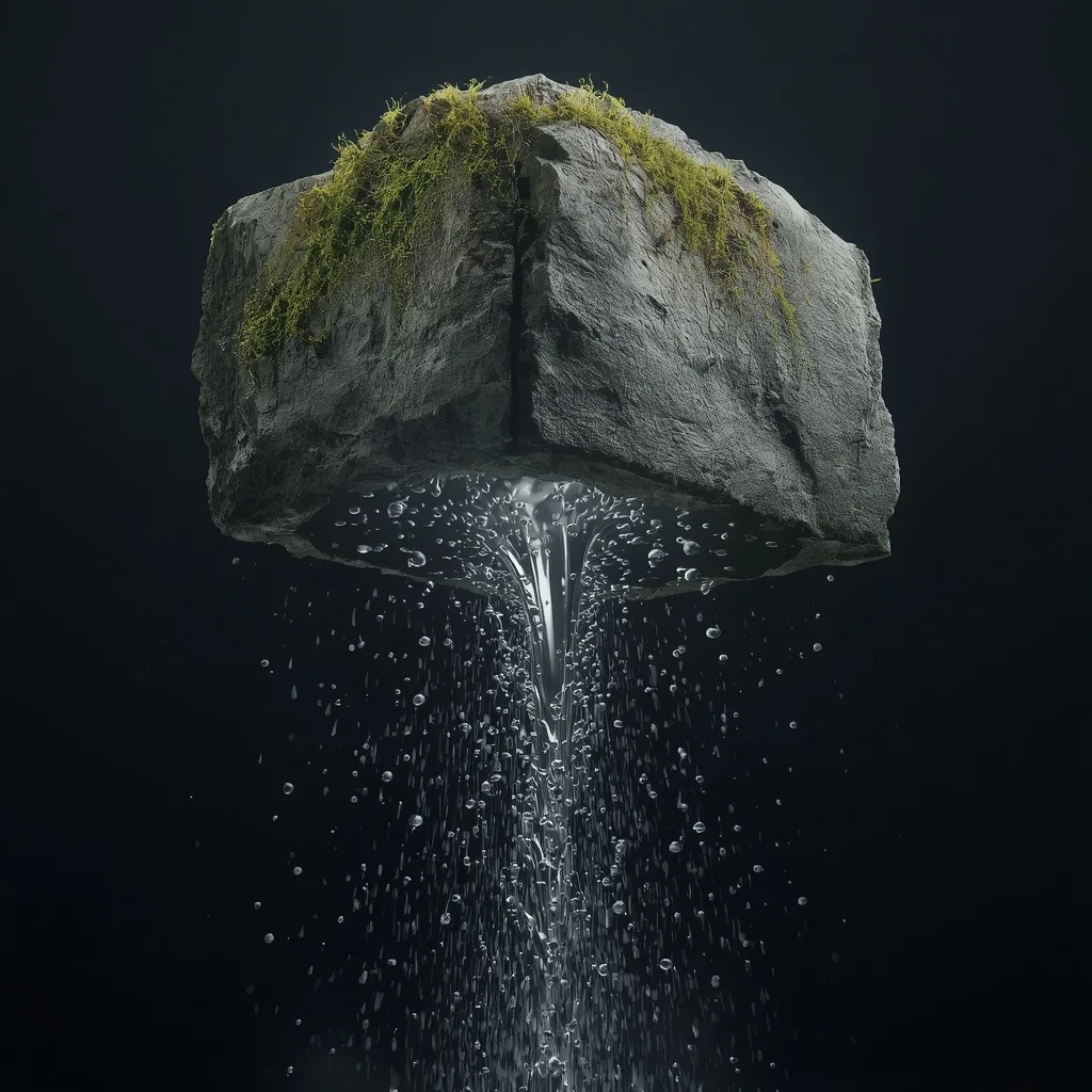 Alchemy of Matter: Transition of Stone into Liquid Mercury Rain – Atmospheric Foggy Landscapes at Dawn prompts – AI generated example