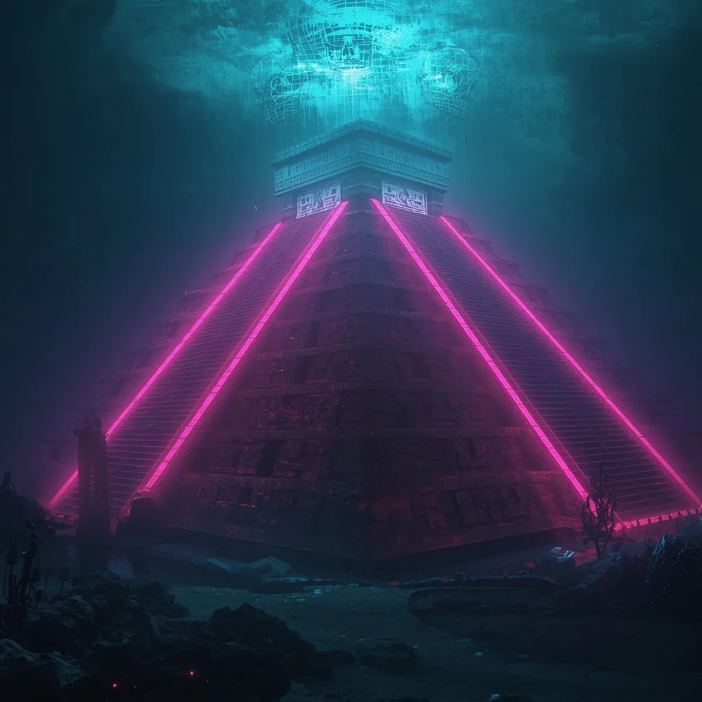 Ancient Aztec Ziggurat Glowing With Synthwave Grids at the Bottom of the Ocean – AI Art Prompts – AI prompt example