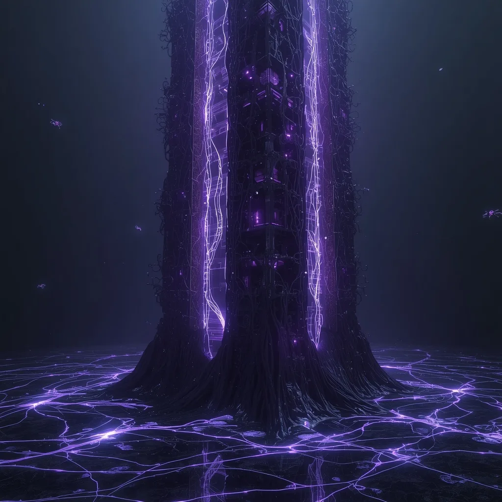 Bioluminescent Neural Skyscraper Growing From Liquid Obsidian Foundations – AI prompt example