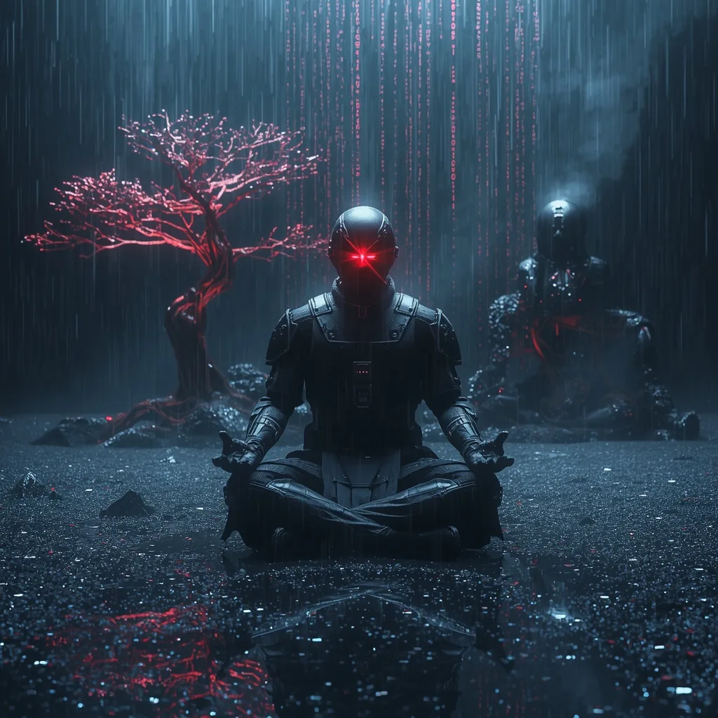 Cyber-Ronin Meditating in a Pixelated Zen Garden of Digital Glass – Atmospheric Foggy Landscapes at Dawn prompts – AI generated example