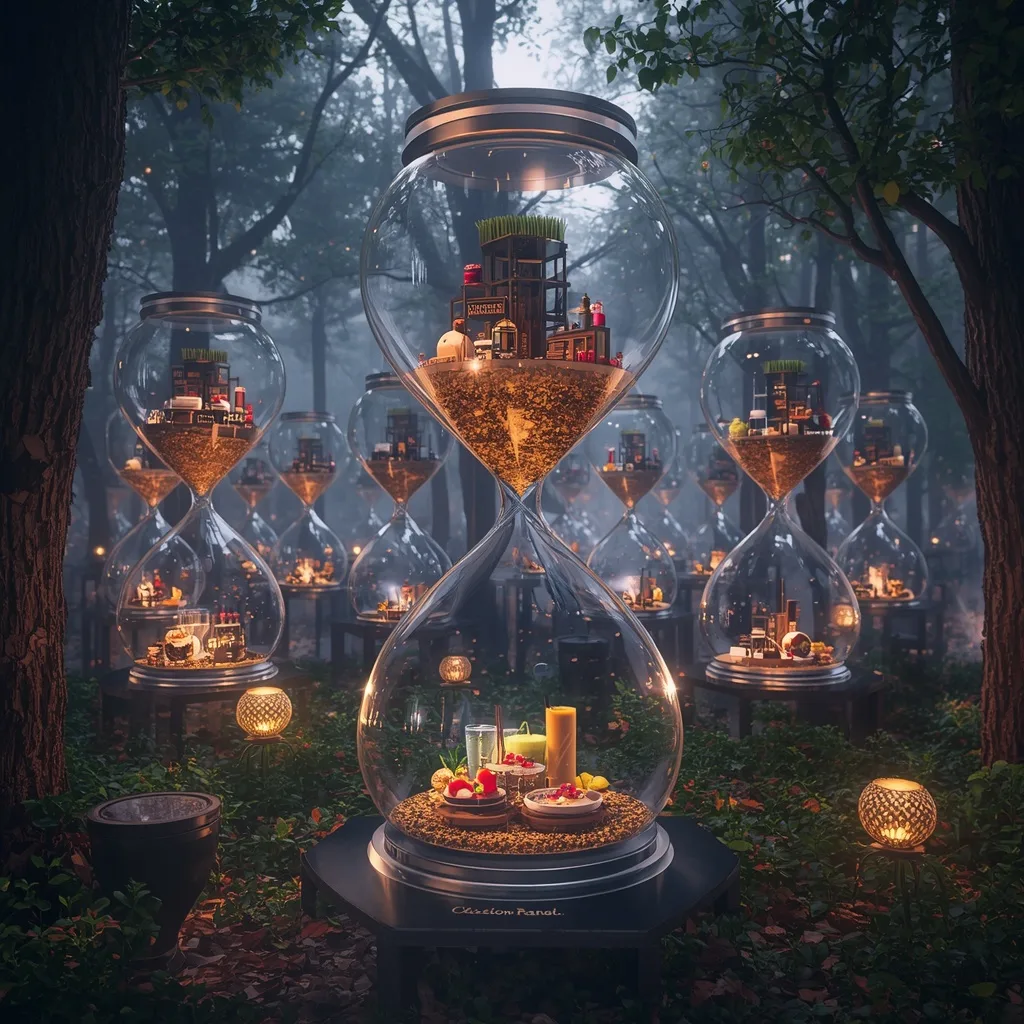 Floating Luxury Food Paradise Inside Giant Crystal Hourglass Forest Design – Atmospheric Foggy Landscapes at Dawn prompts – AI generated example