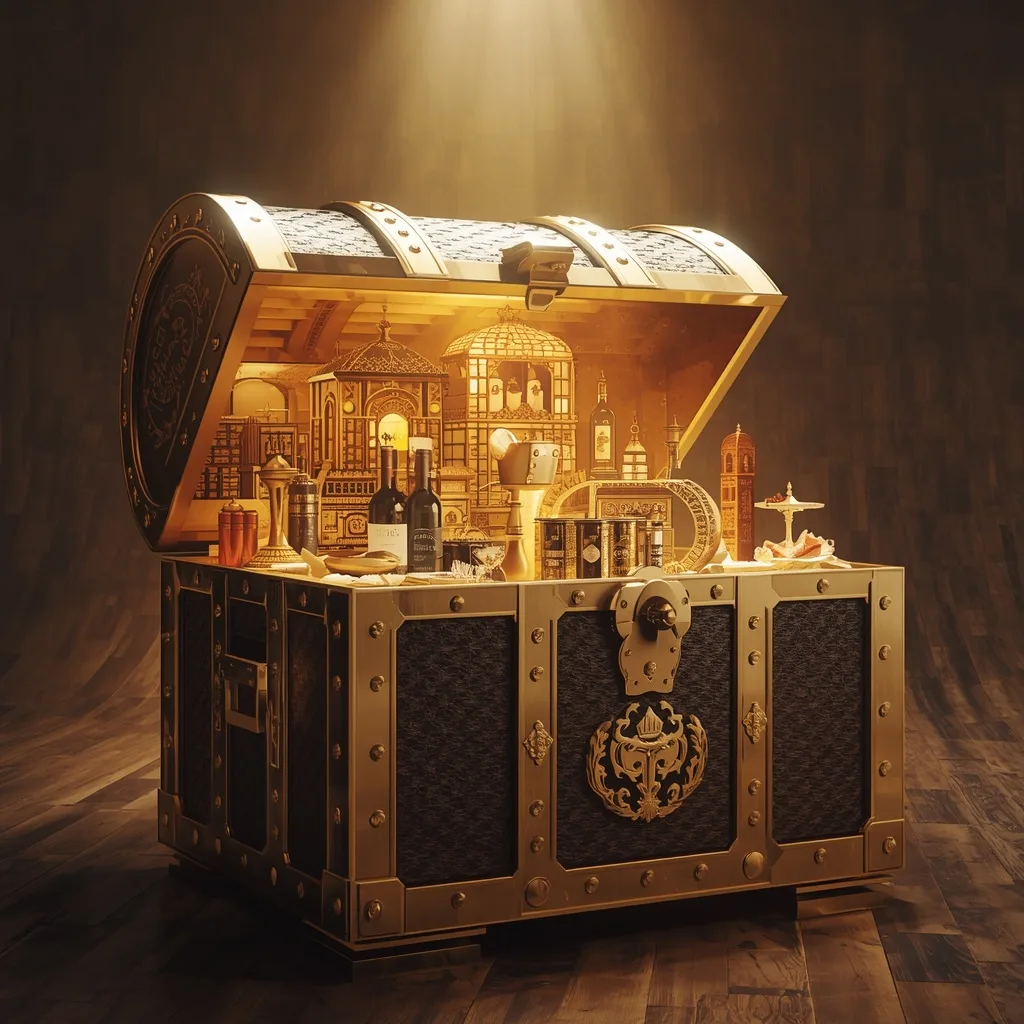 Giant Luxury Food Architecture Emerging From Open Treasure Chest Design – Atmospheric Foggy Landscapes at Dawn prompts – AI generated example