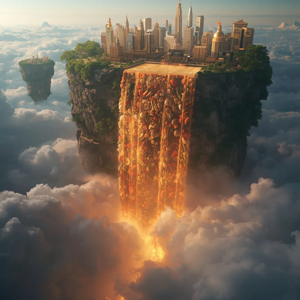 Giant Luxury Food Waterfall Flowing Upward Into Floating Gastronomy Cities – Atmospheric Foggy Landscapes at Dawn prompts – AI generated example