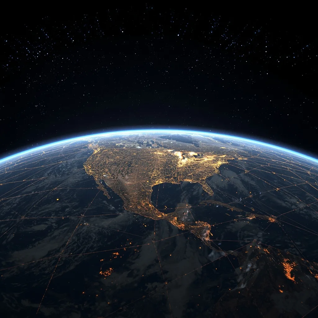 Global Atmospheric Light Data Grid With Photonic Communication Sky Network System – Atmospheric Foggy Landscapes at Dawn prompts – AI generated example