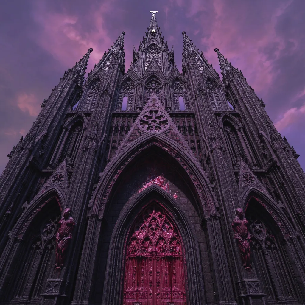 Gothic Cathedral Constructed Entirely From Rotting Spun Sugar and Bleeding Red Velvet Cake – Atmospheric Foggy Landscapes at Dawn prompts – AI generated example