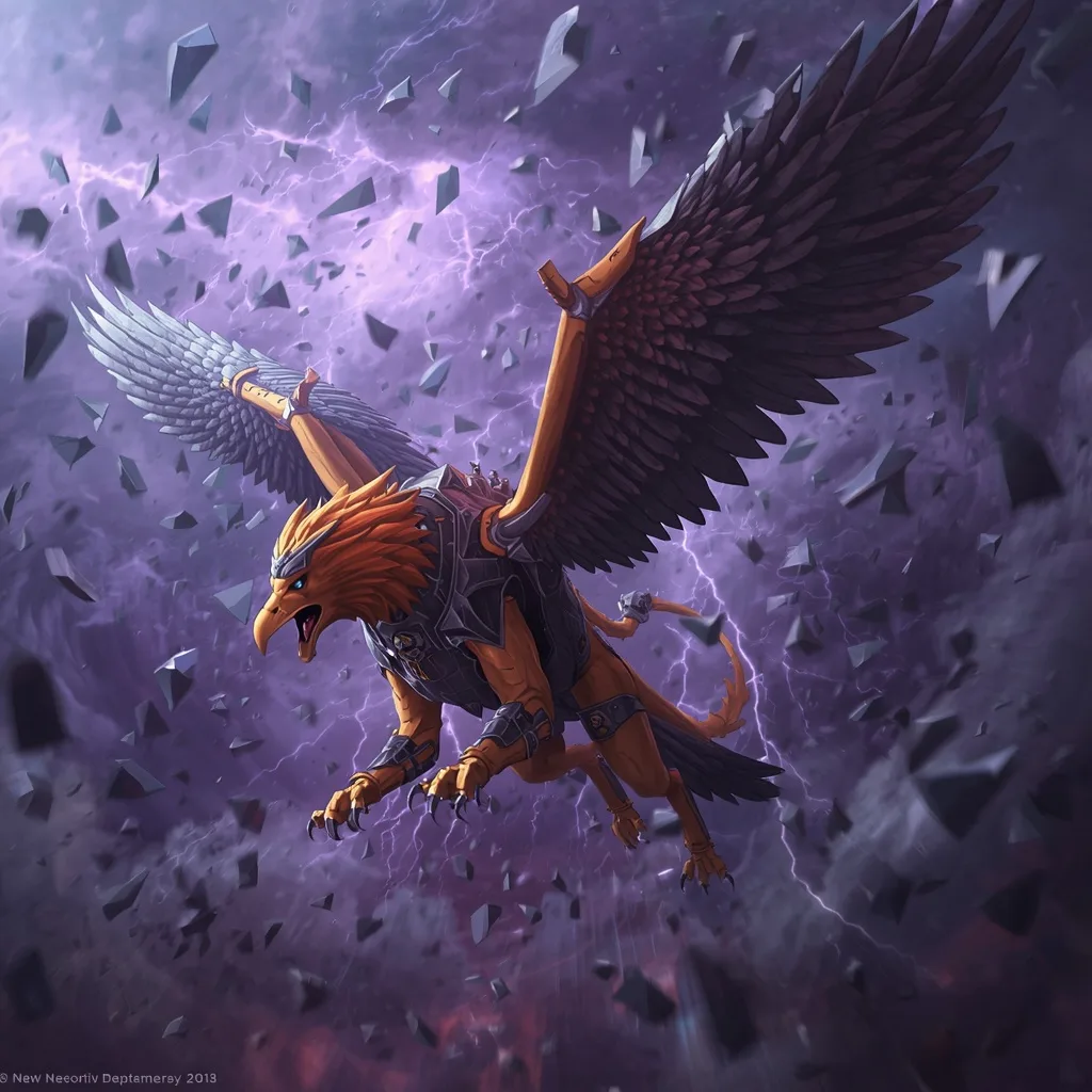 Majestic Mechanical Griffin Soaring Through an Apocalyptic Sky of Shattered Mirrors – Atmospheric Foggy Landscapes at Dawn prompts – AI generated example