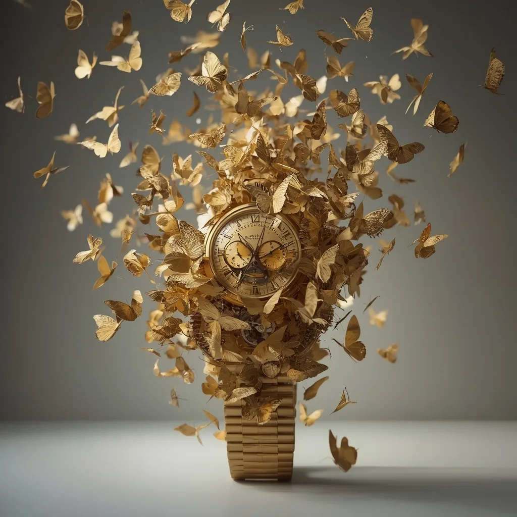 The Concept of 'Entropy': A Golden Watch Exploding into Thousands of Butterflies – AI prompt example