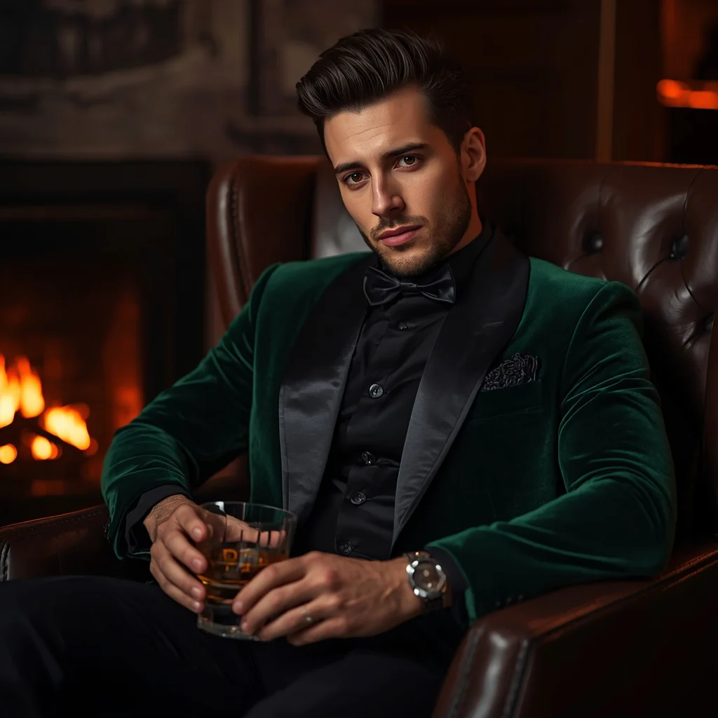 A dashing man in a modern emerald green velvet blazer | Romantic Ai Prompt