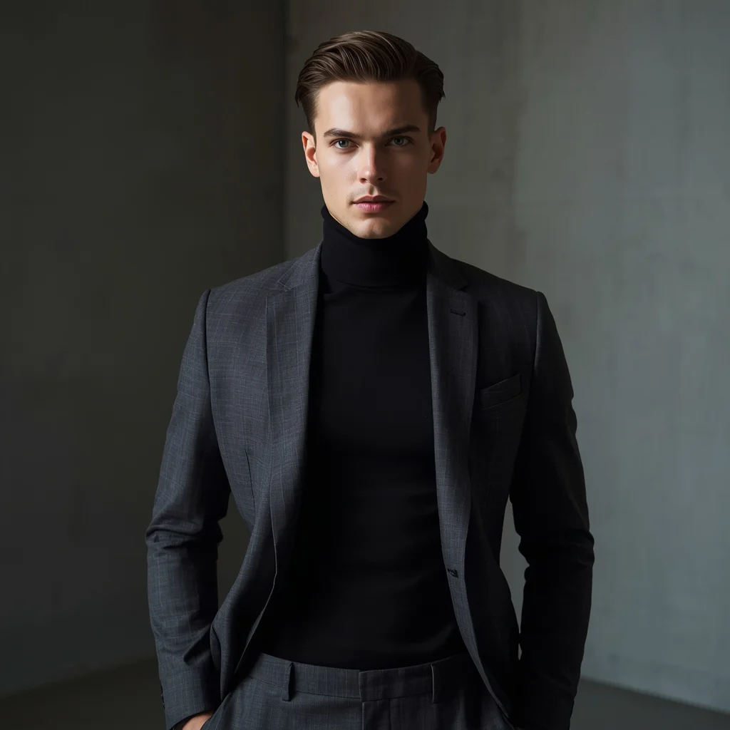 A handsome man in a sleek modern black turtleneck blazer | Modern Design Prompt