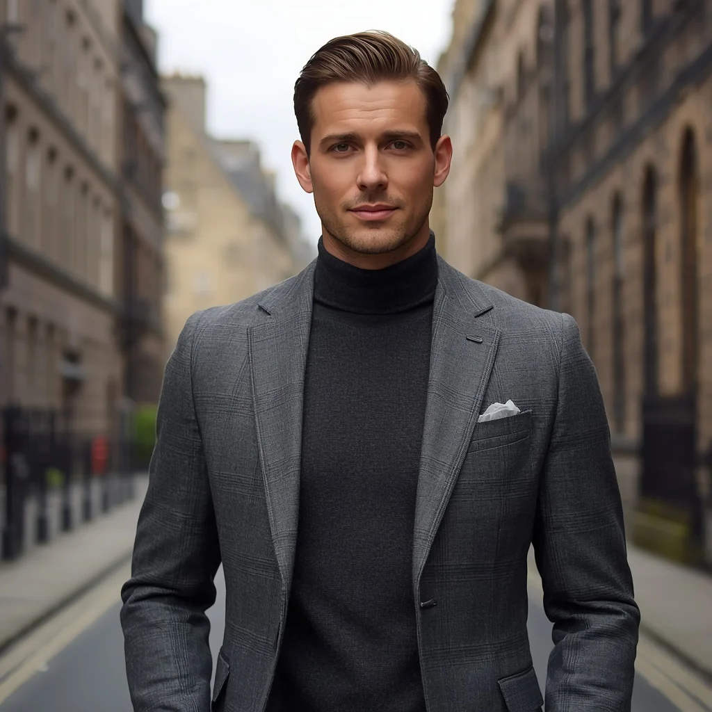 A handsome man in a tailored charcoal grey check blazer jacket | Command Prompt