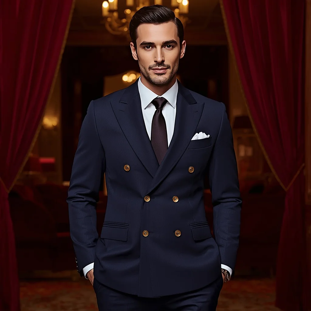 A handsome man in a tailored navy double breasted blazer | Realistic Men Prompt
