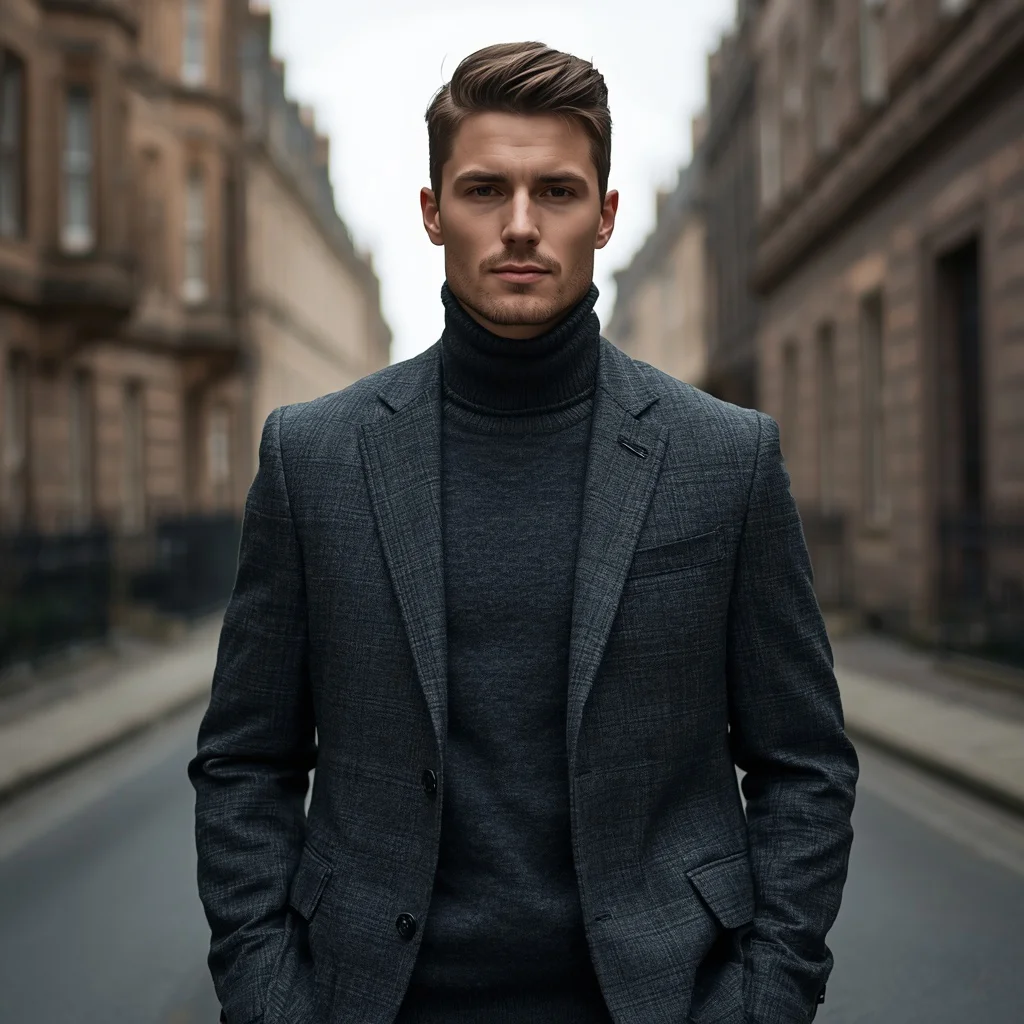 A handsome man in tailored charcoal grey checked blazer on historic street | Man Pose Prompt