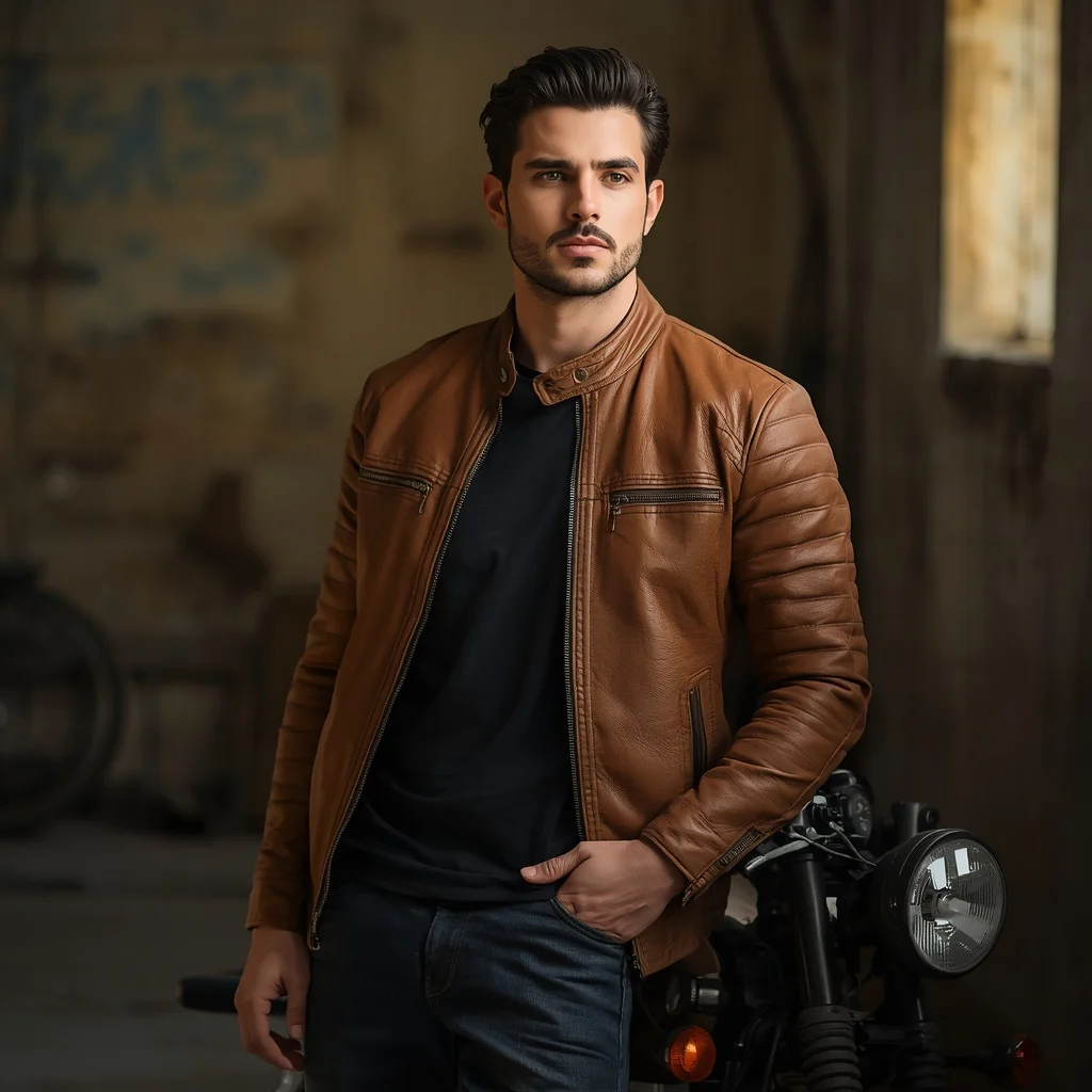 A handsome man in tan leather jacket with vintage motorcycle | Handsome Boy Prompt