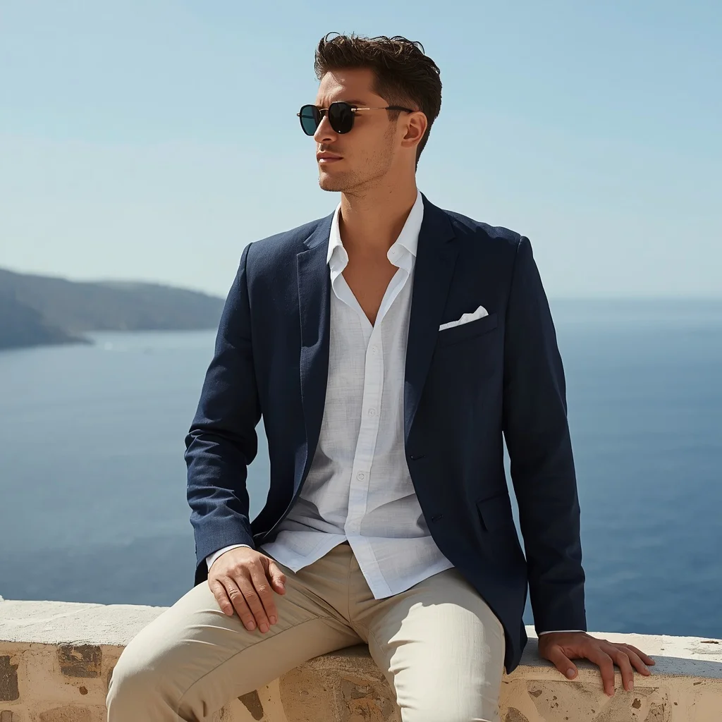 A handsome man wearing a modern navy blue linen jacket | Handsome Boy Prompt