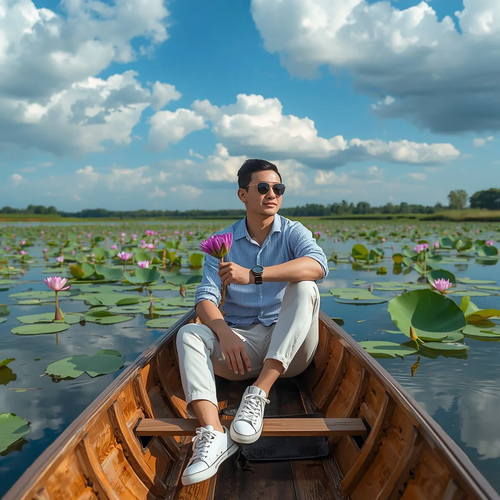 A Photorealistic Scene of a Man in a Lotus-Filled Lake Boat | Stylish boy prompt generator instagram