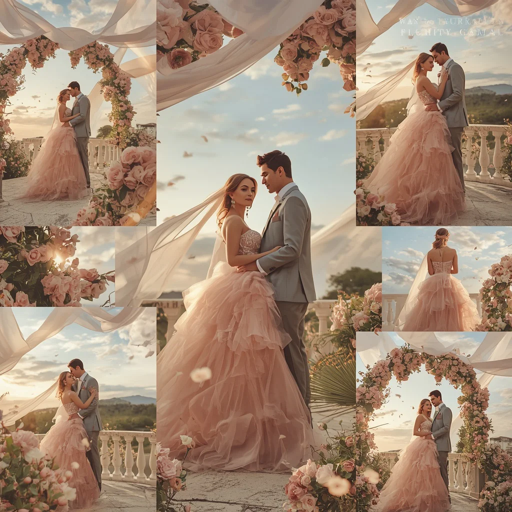 Beautiful Couple In Celestial Silk Bloom Terrace Garden | Couple Photo Prompt