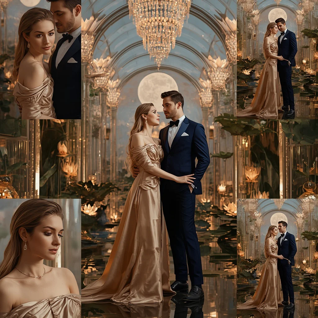 Beautiful Couple In Moonlit Crystal Palace Hall Presentation Portrait Design Setup | Realistic Couple Prompt