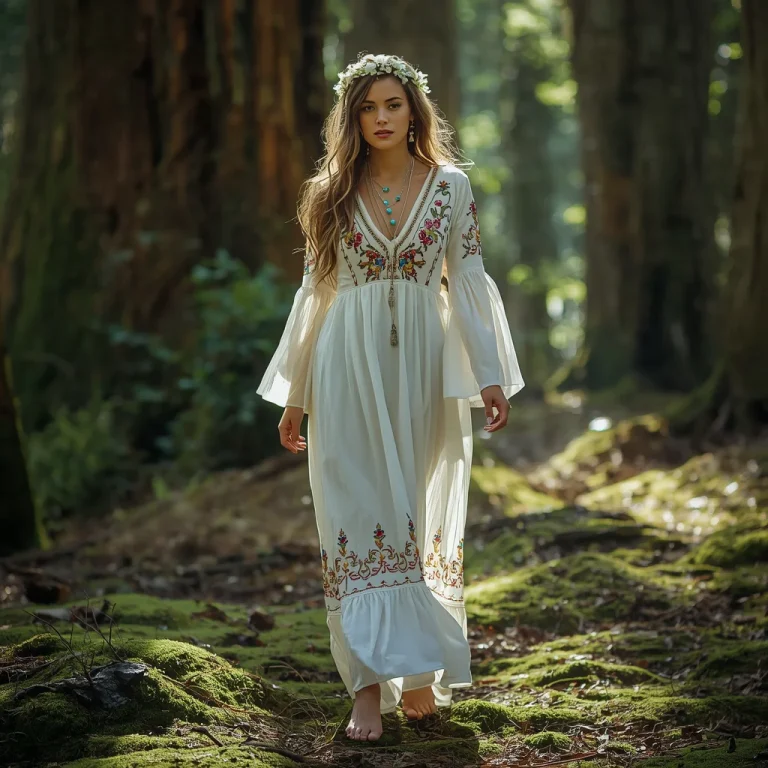 Bohemian Goddess: White Embroidered Dress in a Sunlit Forest | ai prompt for instagram