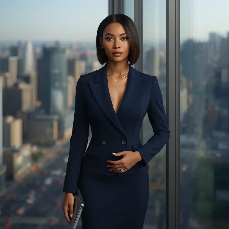 Bold Power Suit Dress in a High-Rise Skyscraper Office | Modern Design Prompt