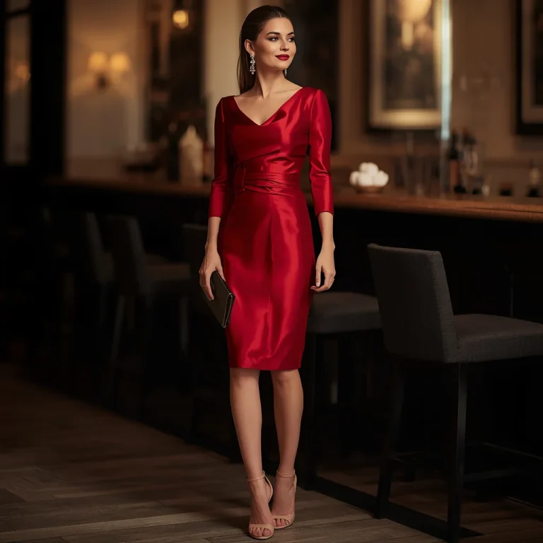 Classic Elegance: Red Silk Cocktail Dress at a Swanky Bar | gemini photo prompt