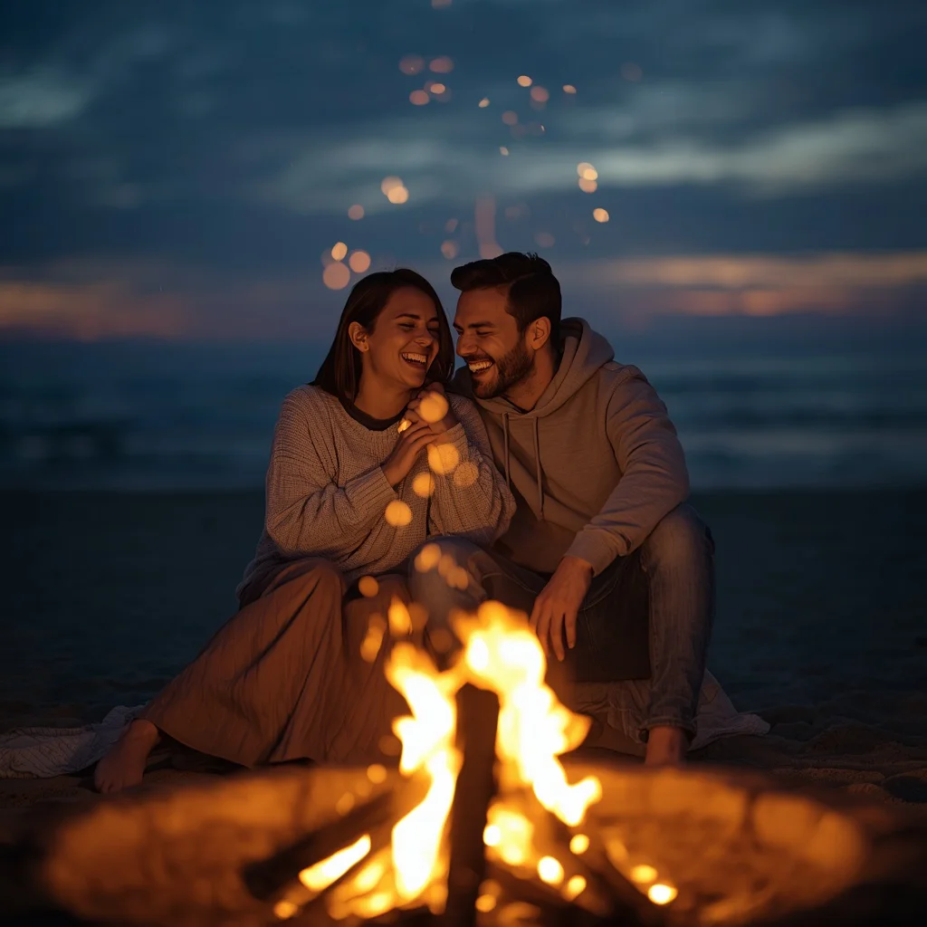 Couple's Candid Laughter at a Beach Bonfire | Romantic Couple Prompts