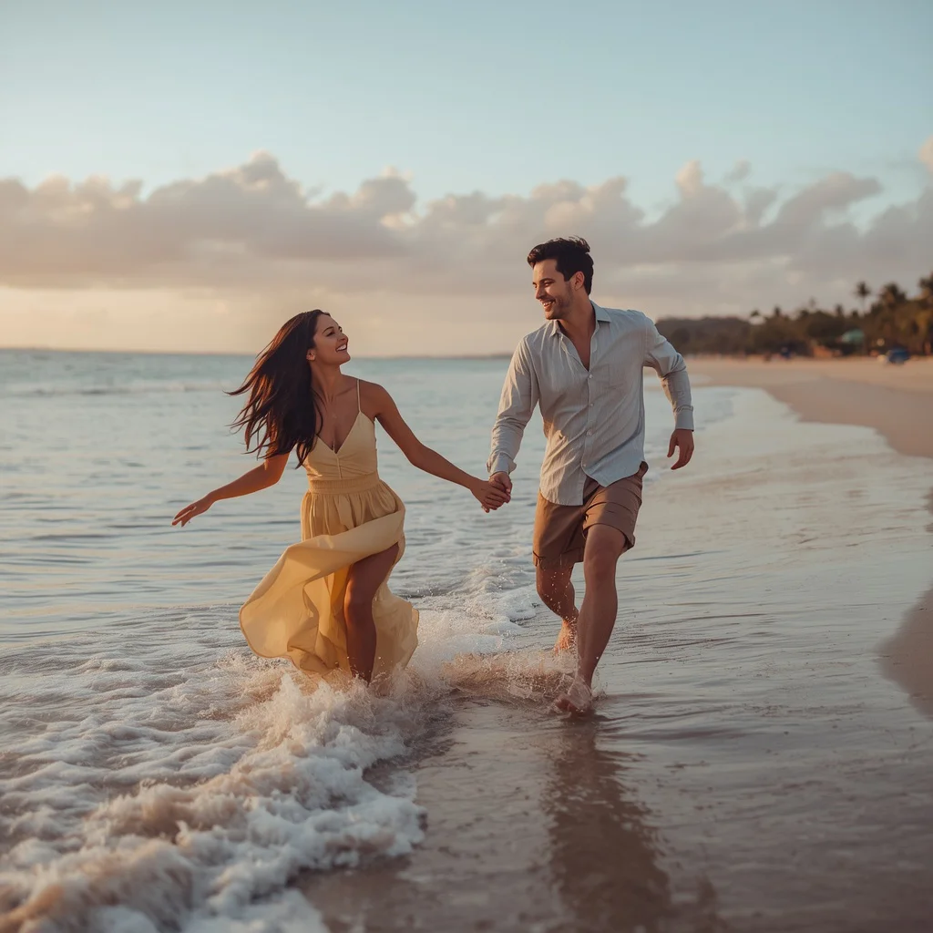 Couple's Playful Beach Run at Golden Hour | Couple Ai Prompt