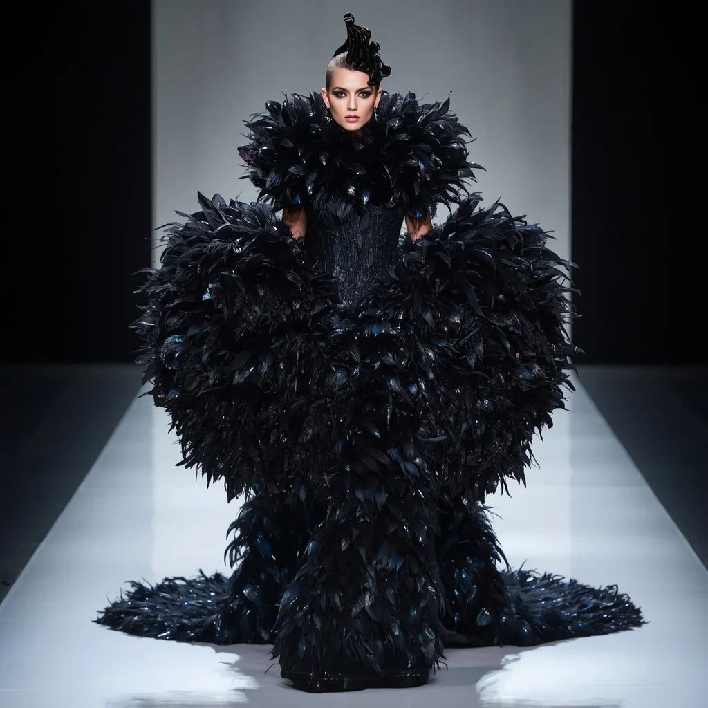 Dramatic Feather Embellished Gown for Avant-Garde Runway | Free Ai Prompt