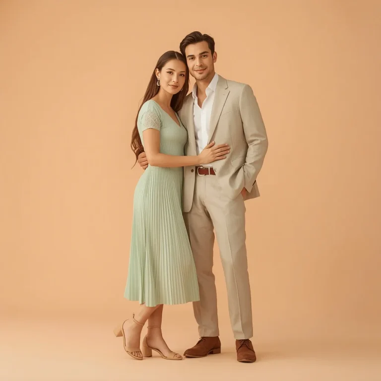 Elegant Romantic Couple Posing In Chic Pastel Attire | Romantic Couple Against