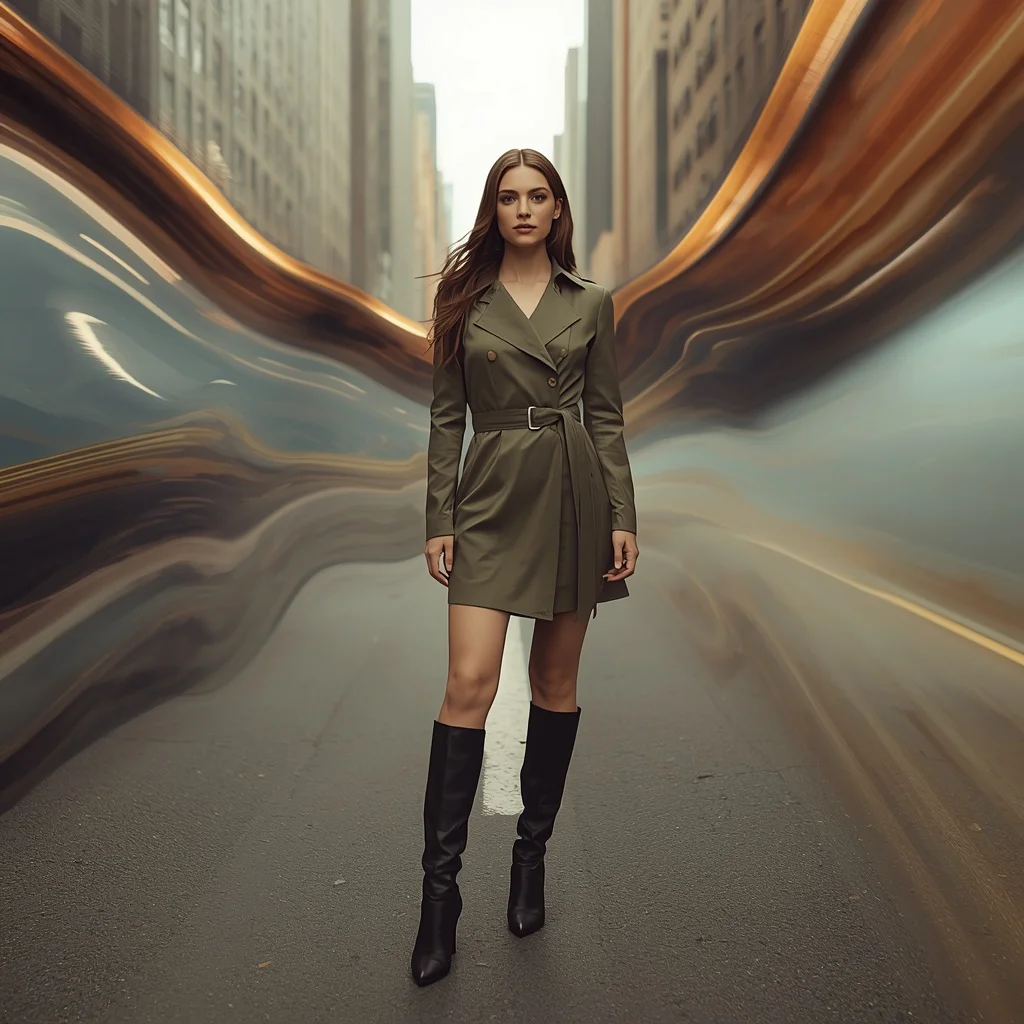 Fashion-Forward Dress in a Pixel-Stretched Urban Landscape | Aesthetic Ai Prompt