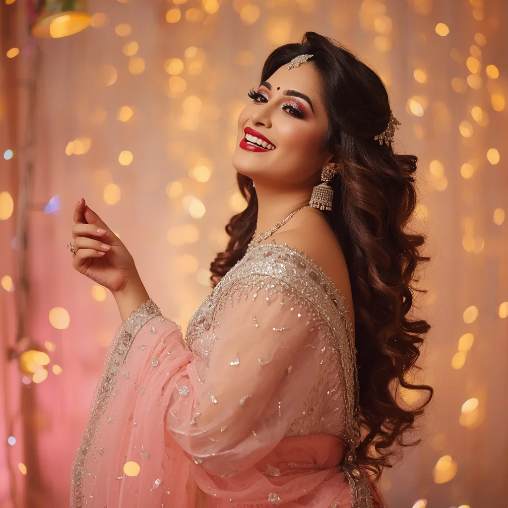Festive Aura: Indian Woman in an Embellished Pastel Saree with Golden Lights | Saree Aesthetic Prompt