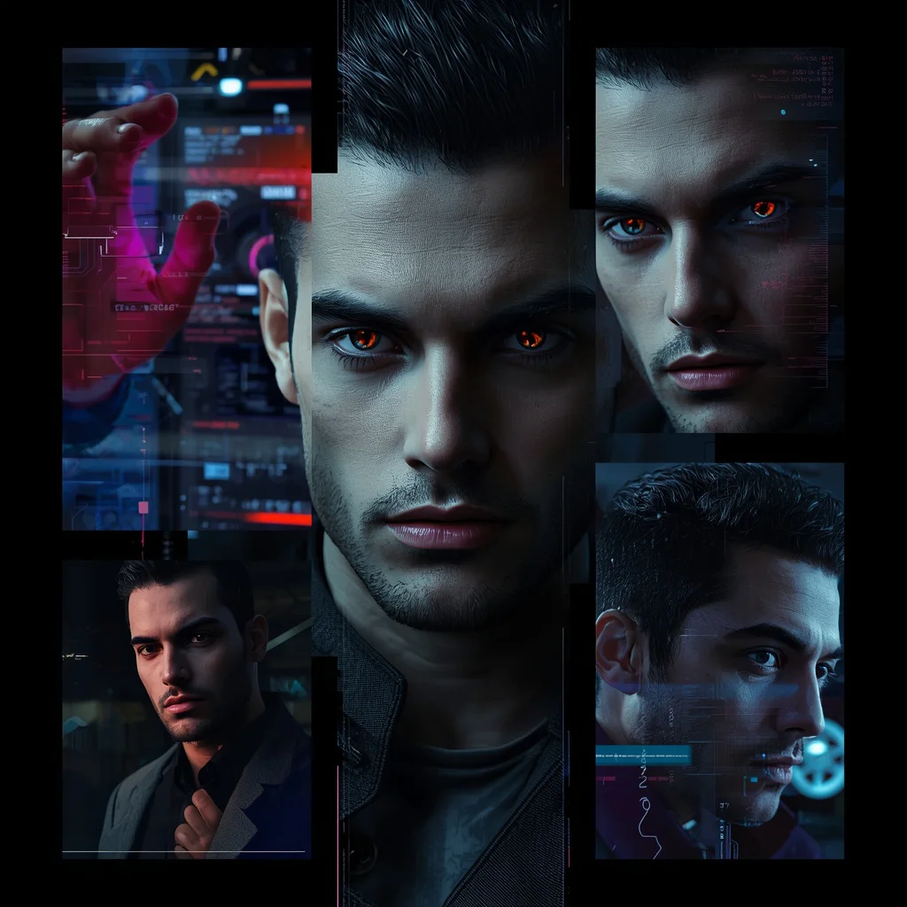 Masculine Tech Noir Collage: Cyberpunk Aesthetic, Digital Glitches | Premium Prompt Examples
