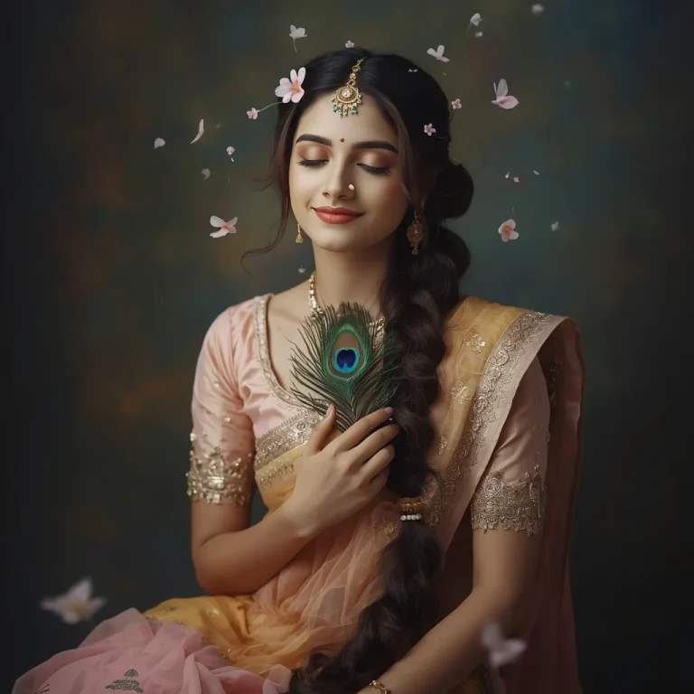 Mystical Radha’s Serene Embrace of the Peacock Feather | Girl Aesthetic Prompt