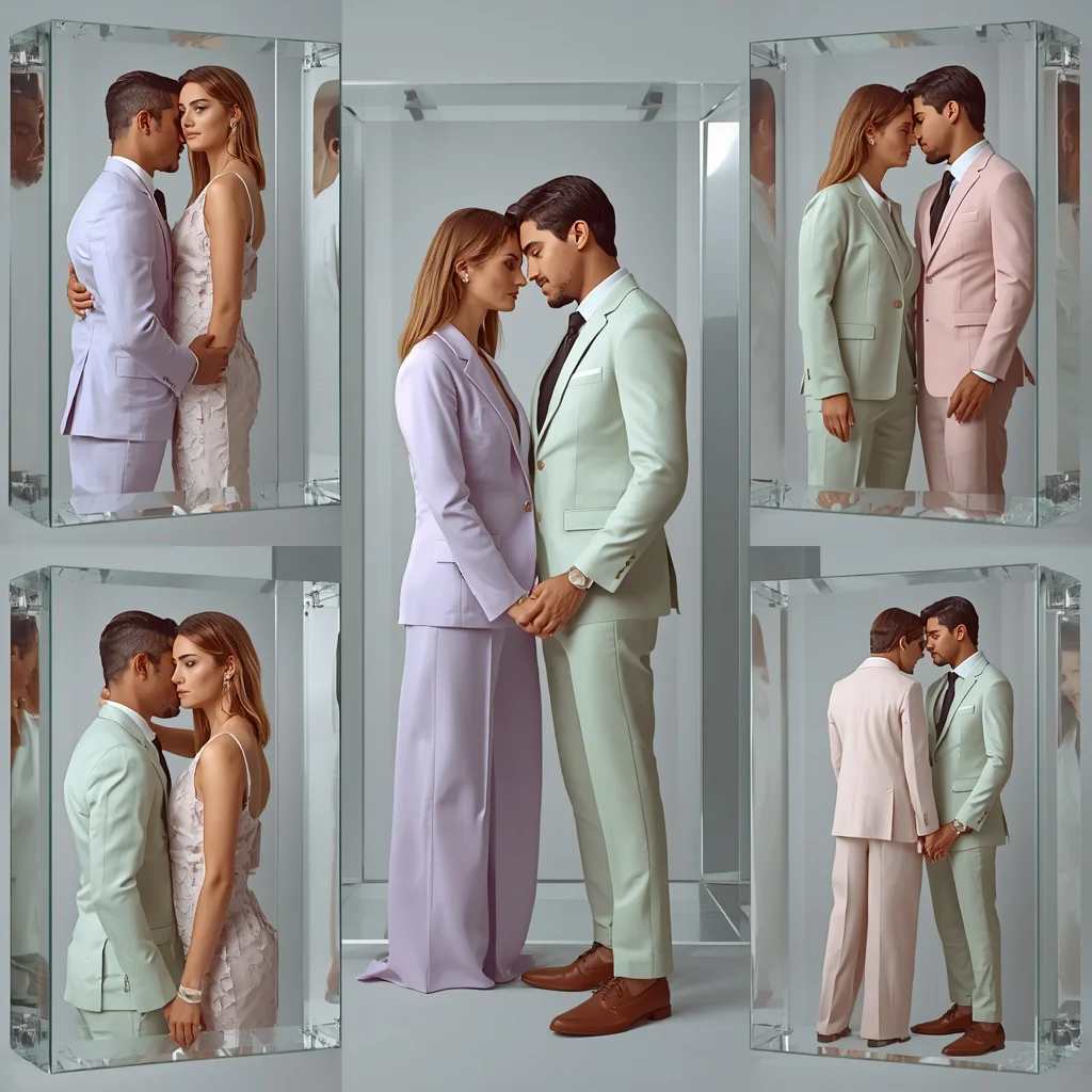 Premium Floating Glass Panel Collage of Couple in Pastel Suits | Romantic Couple Prompts