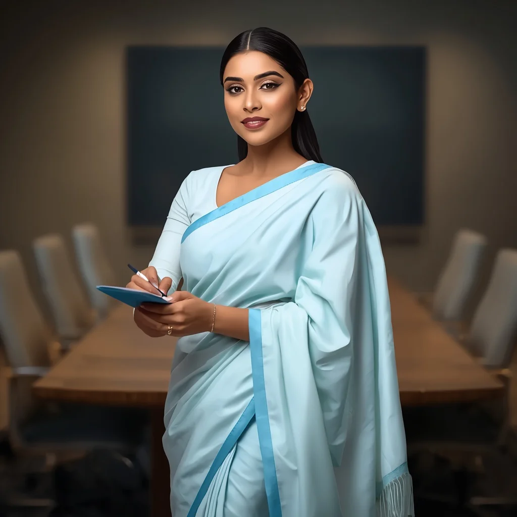 Professional Presence: Indian Woman in a Pastel Cotton Saree in a Boardroom | Blue Saree Prompt