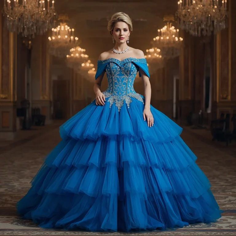 Regal Azure: Off-Shoulder Ball Gown in an Opulent Palace | fitness model ai prompt