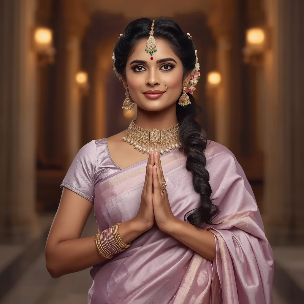 Regal Splendor: Indian Woman in a Rich Pastel Silk Saree with Jeweled Headpiece | Girls Saree Prompt