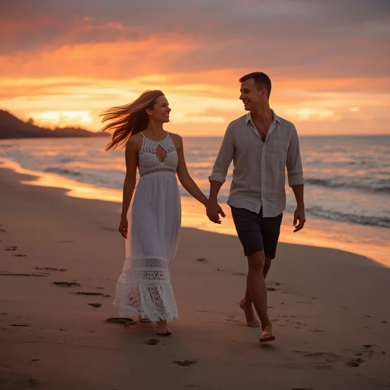 Romantic Beach Walk: Couple at Sunset | Trending couple prompt link
