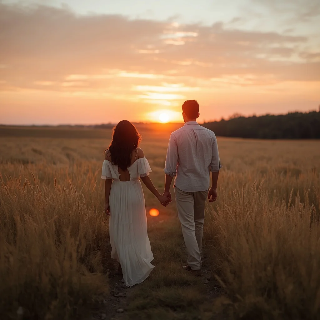 Romantic Couple Holding Hands in a Sunset Field | Couple Indian Prompt
