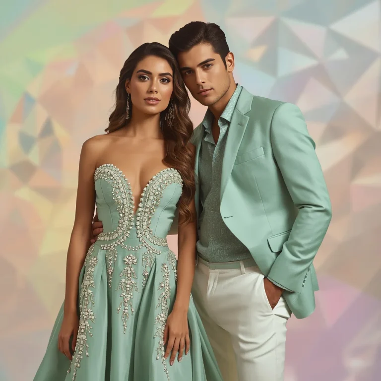 Romantic Couple In Matching Mint Green Silk Suits | Romantic Collage-style Couple