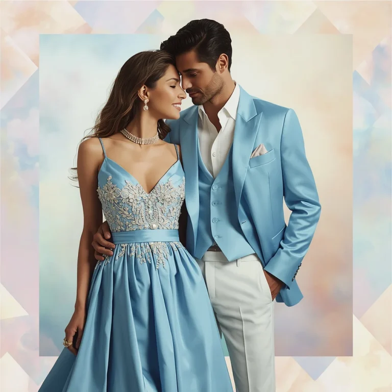Romantic Couple In Matching Powder Blue Silk Suits | Romantic Collage-style Couple