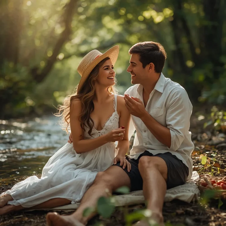 Romantic Forest Picnic: Couple by a Sun-Drenched Stream | free ai prompt