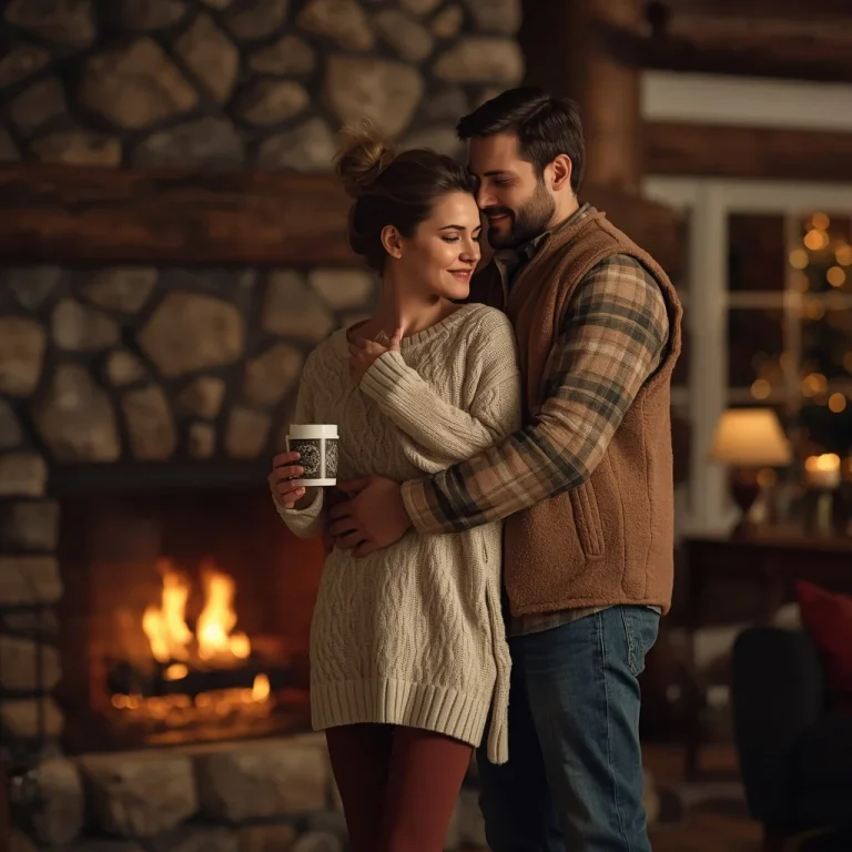 Romantic Mountain Lodge: Couple by a Fireplace | Prompt seen married couple ai photo free