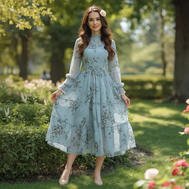 Romantic Ruffles: Blue Floral Print Midi Dress in a Park | Prompt for gemini ai girl model instagram
