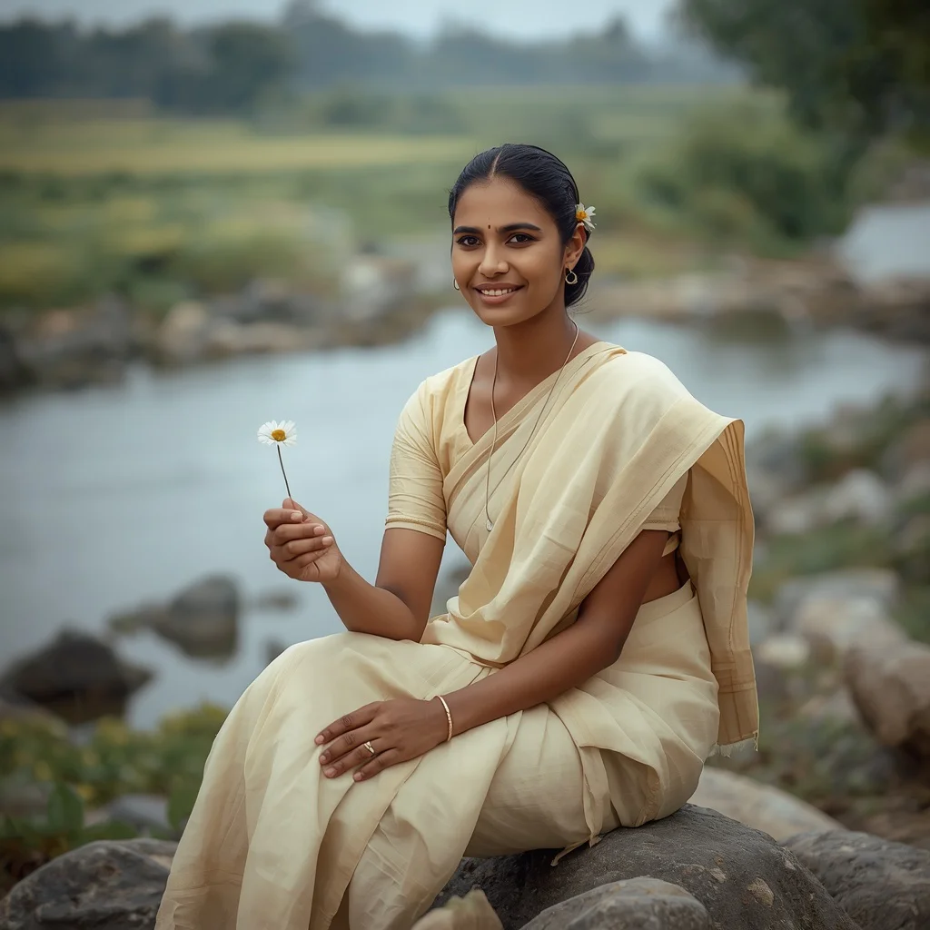 Rustic Serenity: Indian Woman in a Simple Pastel Saree in a Natural Landscape | Saree Woman Prompt