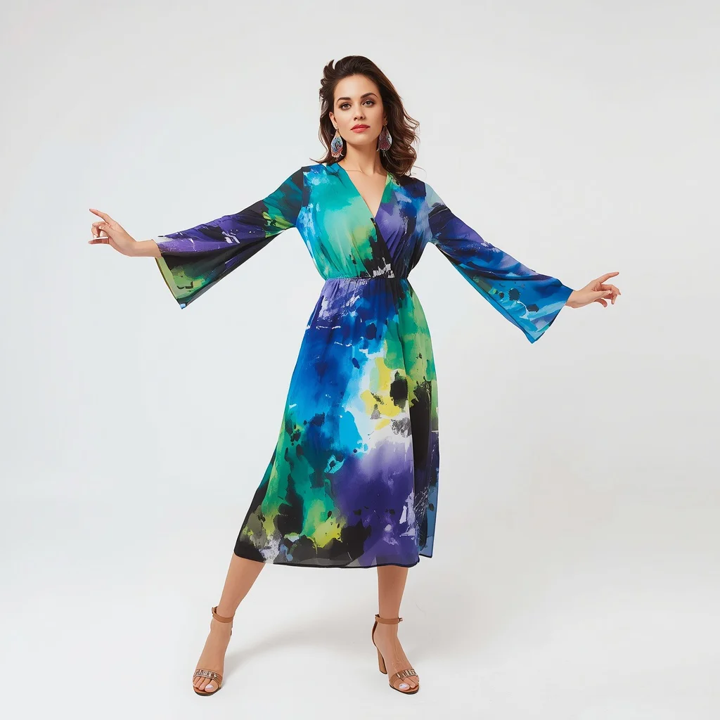 Vibrant Abstract Watercolor Midi Dress for a Creative Party | Aesthetic Ai Prompt