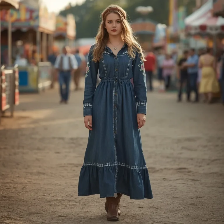 Western Festival Queen: Denim Embroidered Maxi Dress at an Outdoor Fair | Prompt for Gemini AI girl model