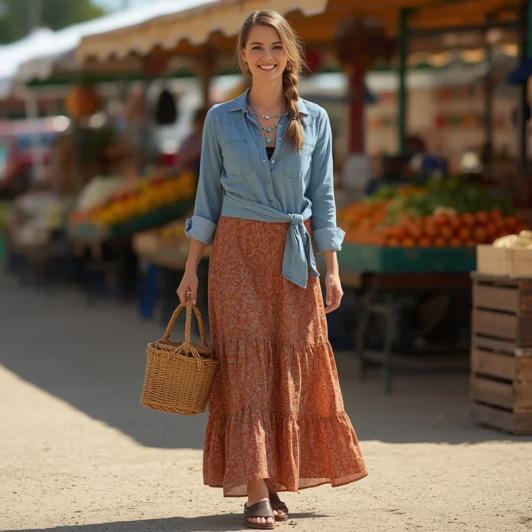 Western Style Tiered Maxi Skirt with Denim Shirt | Girl prompt