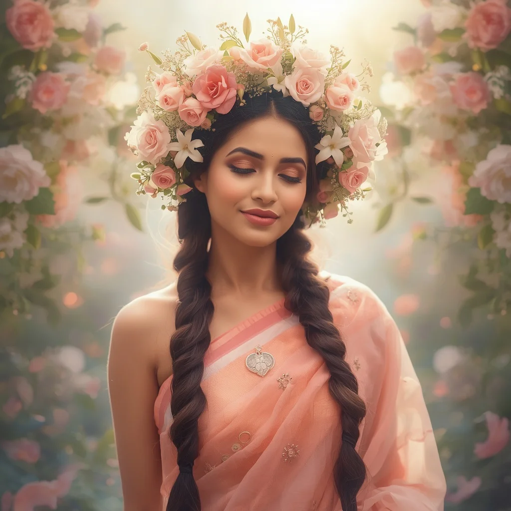 Whimsical Fantasy: Indian Woman with Flowers and Ethereal Glow in Pastel Saree | Saree Aesthetic Prompt