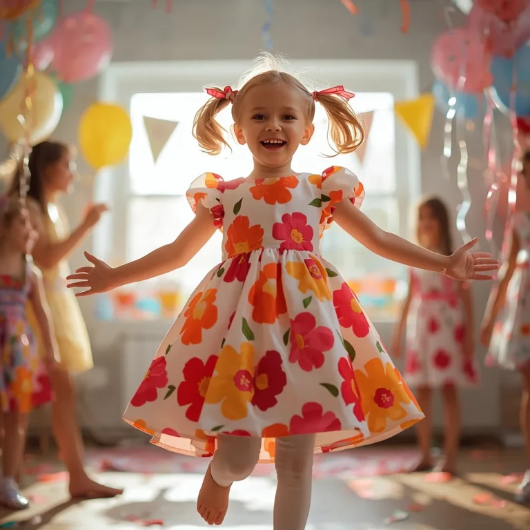 Young Girl’s Festive Joy in a Bright Floral Party Dress | Girl Attitude Prompt
